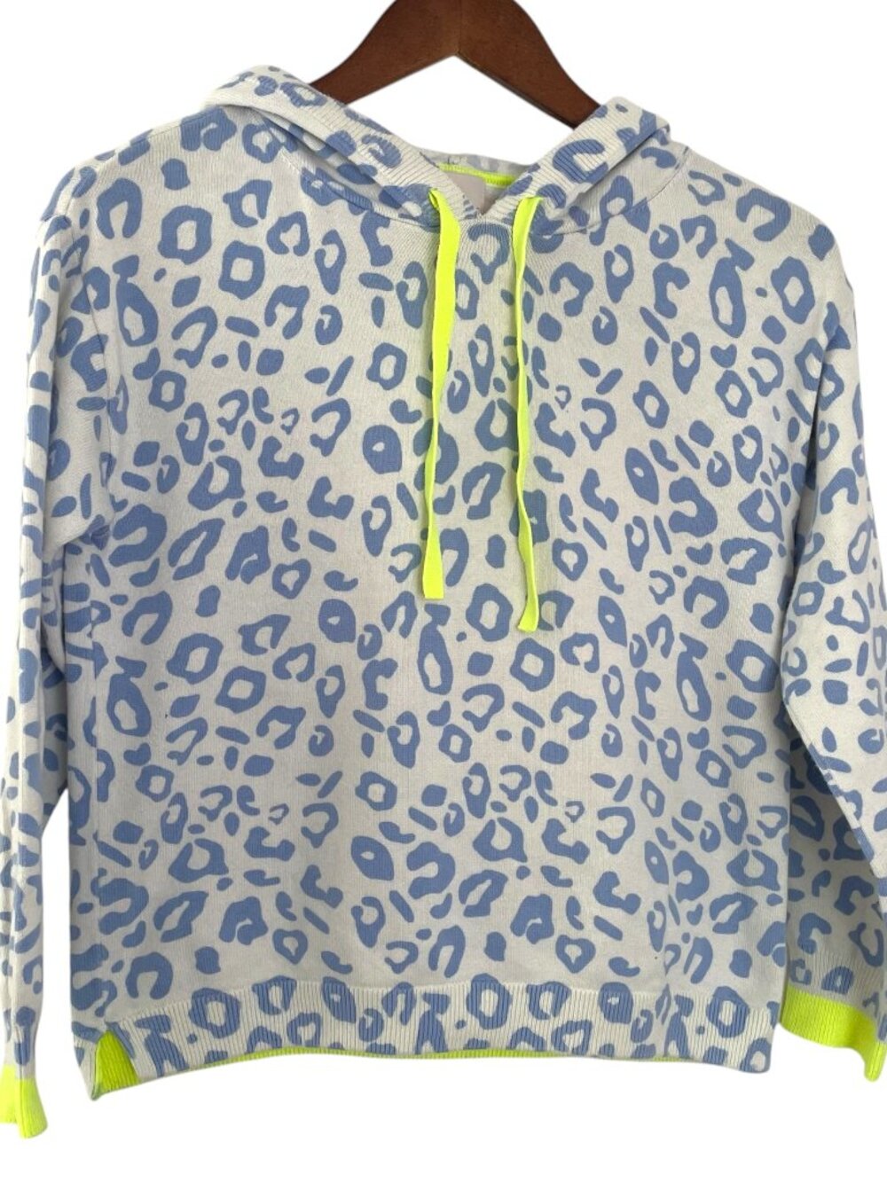 Whisper by Brodie Hoodie Sweatshirt XS White Blue Leopard Print Cotton / Silk